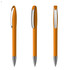 An orange plastic pen with a silver clip, featuring a sleek design. Multiple angles are displayed.