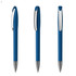 A blue plastic pen with a silver clip and tip, shown from three different angles. The pen features a sleek design and branding.