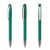 A set of green plastic pens with a sleek design and metallic accents, featuring a clip on one side.