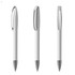 A set of three white plastic pens with silver accents. Each pen features a sleek design and a clip.