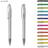 Transparent plastic pens in various colours, displayed alongside a pen with a clear barrel and black tip. Features branding.