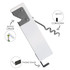 A drink bottle opener in white with a corkscrew and a phone stand feature, also displaying a logo.