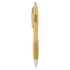 A bamboo pen in a natural wood finish with silver accents and a branding logo.