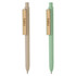 Two bamboo fibre pens in cream and mint green, featuring wooden clips with a logo.