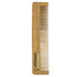 A bamboo comb with a simple design, featuring fine and wide teeth, and a logo on the side.