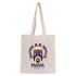 A cream tote bag featuring a graphic design with bold colours and a logo.
