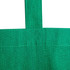 A close-up view of a green calico tote bag with stitched straps and no gusset. Features a logo.