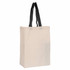 A beige tote bag with black handles. The bag features a logo on one side.