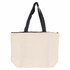 A cream tote bag with black handles and a zip closure. It features a logo on the front.