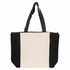 A large tote bag featuring a cream centre and black sides, with two sturdy shoulder straps and a zip closure.