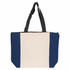 A large tote bag featuring a cream body with navy blue side panels and black handles. It has a zip closure and a logo.