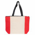 A tote bag with a cream body, red side panels, and black handles, featuring a zip closure and a logo.
