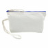 A white canvas cosmetic bag with a blue zipper and wrist strap. The bag is simple and versatile in design.
