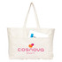 A large cream tote bag with handles, featuring a pocket and a logo in pink and orange.