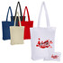 A collection of foldable tote bags in black, blue, red, cream, and white, each featuring a logo.