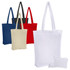 A foldable calico tote bag available in black, red, blue, cream, and white, accompanied by a small pouch.