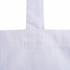 A foldable calico bag in white featuring stitching details and a simple strap design. It includes a logo.