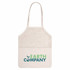 A beige mesh tote bag featuring a logo in green and blue at the bottom half.