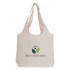 A cream tote bag with a curved top, featuring a logo and text related to self-care.
