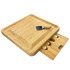 A wooden cheeseboard with a knife and a drawer for storing additional utensils. The set is made from bamboo.