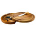 A round wooden cheeseboard with a knife set, featuring a detachable section for storage, in warm wood tones.