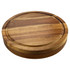 A wooden round cheeseboard featuring a smooth surface and a shallow groove along the edge, complete with a logo.