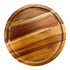 A round wooden cheeseboard with a smooth finish featuring a mix of light and dark wood tones.