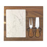 A marble cheeseboard with a wooden base and two knives featuring wooden handles.