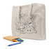 A cream-coloured tote bag featuring black line drawings of happy mushrooms, clouds, and cacti, accompanied by colourful crayons.