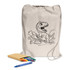 A drawstring library bag in natural colour with a dinosaur design, accompanied by crayons and a notepad.