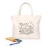 A natural-coloured reusable grocery bag with a colouring design featuring a house, trees, and a sun, alongside crayons.