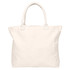 A cream tote bag with sturdy handles and no gusset design, featuring a logo.