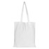 A white tote bag with two handles and no gusset, featuring a simple design and a logo.