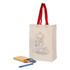 A calico trade show bag in natural colour with red handles, accompanied by a box of crayons and a colouring page.