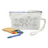 A cosmetic bag in white with a blue zipper, featuring outlined designs and accompanied by colourful crayons.