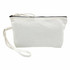A cosmetic bag in white canvas with a black zipper and a detachable wrist strap. It features a logo on one side.