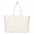 A large, cream-coloured tote bag with two sturdy handles and a front pocket. It features a branding logo.