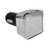 A square metal car charger with a shiny chrome finish and a black connector. It has a logo on it.