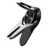 A black and silver car vent phone holder ring with a circular grip and adjustable clamp. It features a logo.
