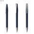 A blue plastic pen with a shiny silver clip, displayed from three angles. It features a sleek design and has a logo.
