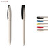 A pen with a cream body and a black clip, accompanied by four ink refills in blue, black, red, and yellow.