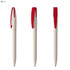 A pen featuring a cream body with a red clip, displayed from multiple angles. It has branding visible.