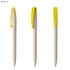 A set of three pens in cream with yellow clips, featuring a logo on the body.