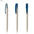 A pen with a cream body and blue accents, featuring a clip and a smooth design. It includes branding.