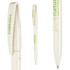 A biodegradable pen in white with green accents, featuring a streamlined design and a clip on the cap.