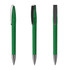 A green metal pen with a sleek design and a clip, displayed from three angles. It features a shiny silver tip.