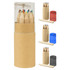A tube containing coloured pencils in various shades, with a sharpener and available in multiple casing colours.