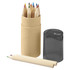 A cylindrical tube containing coloured pencils in various shades, with a sharpener beside it.