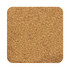 A square cork coaster in a natural tan colour with a textured surface. It features a branding logo.