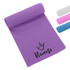 A purple cooling towel with a textured surface and a logo, alongside towels in white, pink, and blue.